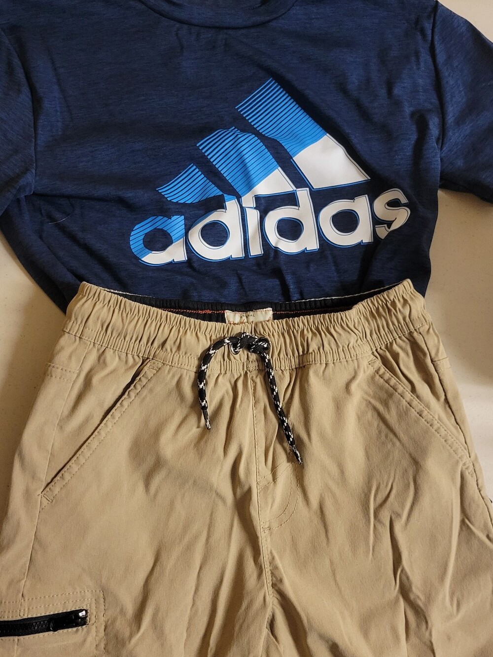 Adidas Navy Graphic Logo Tee with Khaki Drawstring Shorts